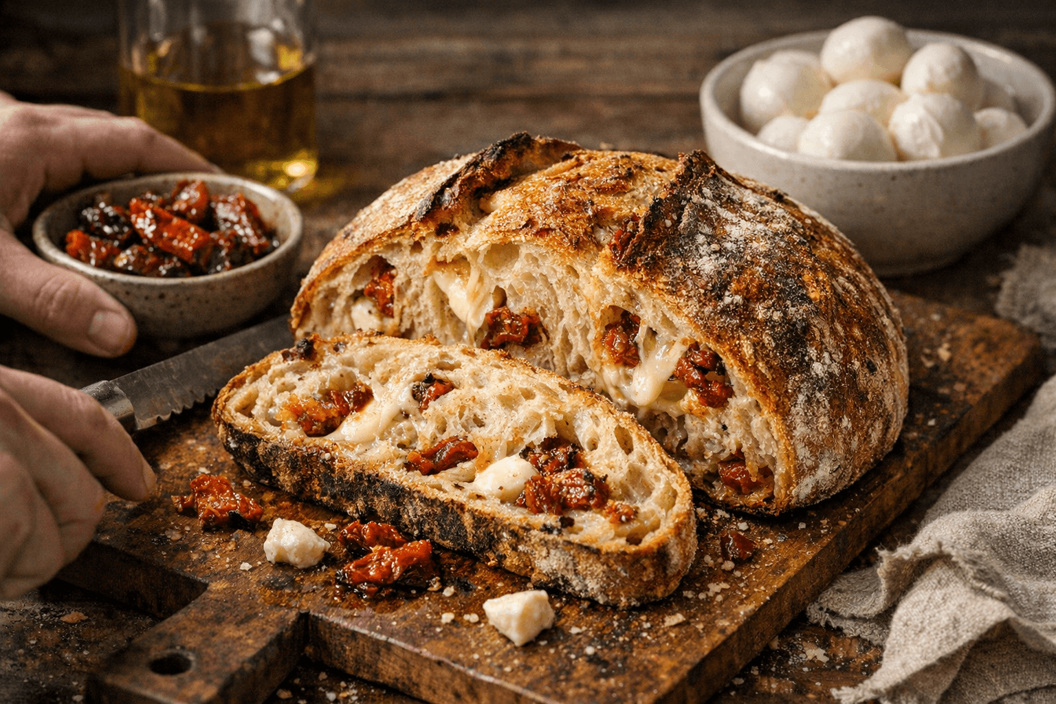 Add sun-dried tomatoes and mozzarella to sourdough for richer flavor