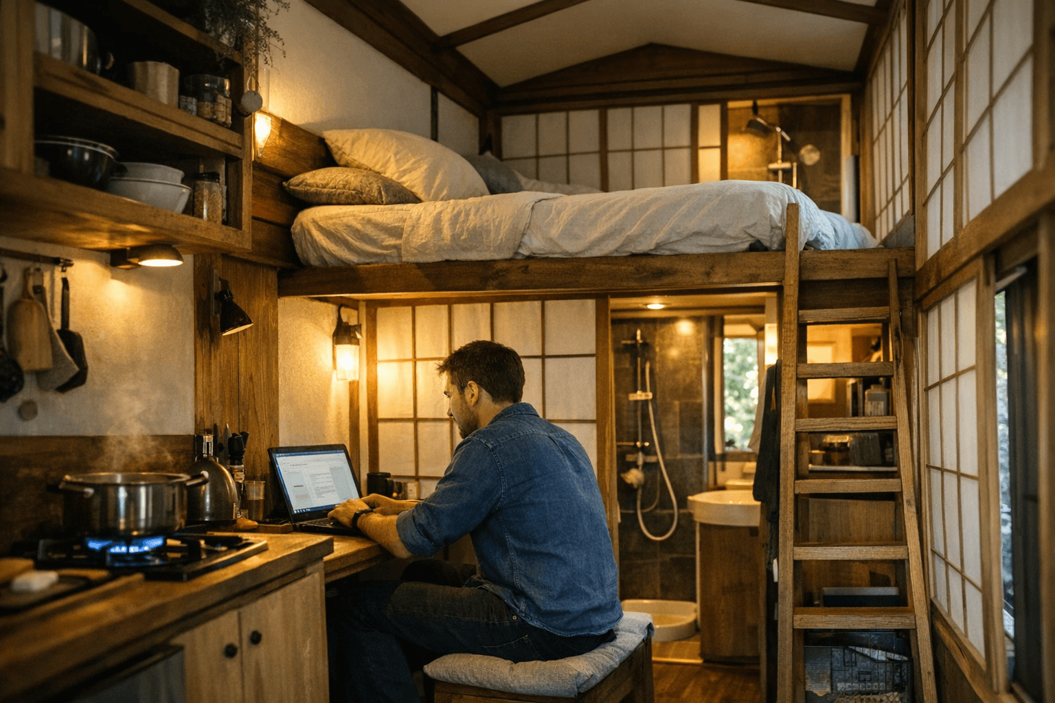 Bulgarian Shoji tiny house packs bedroom, office, and kitchen into 130 sq ft