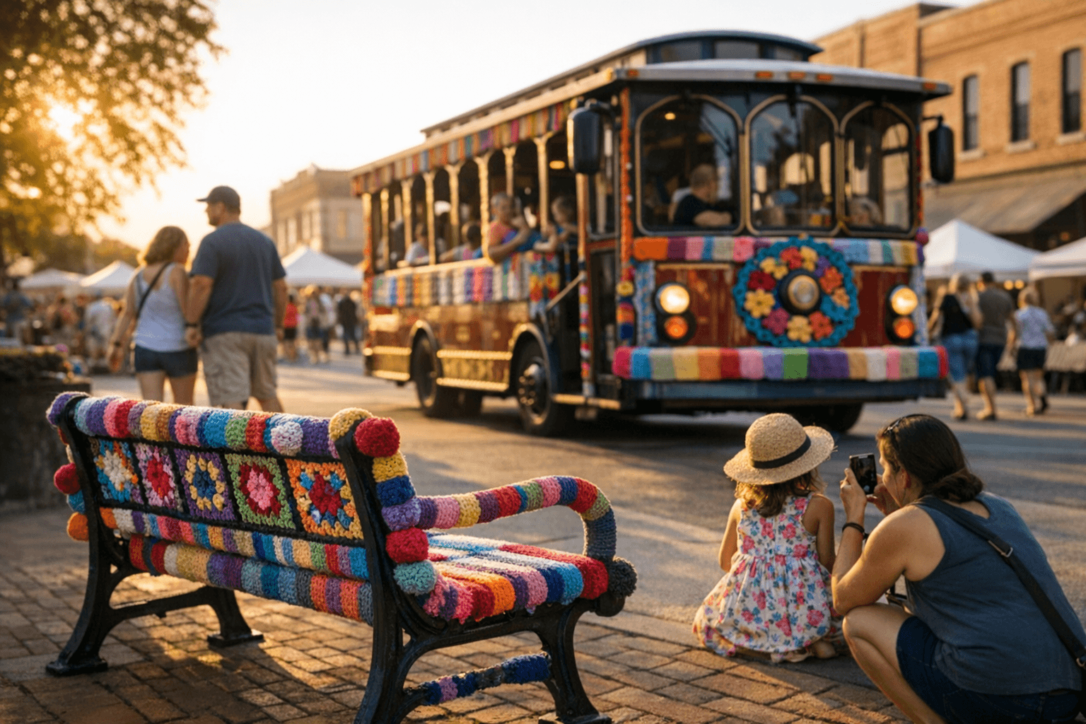Yarn bombers turn McKinney benches and trolley into festival art