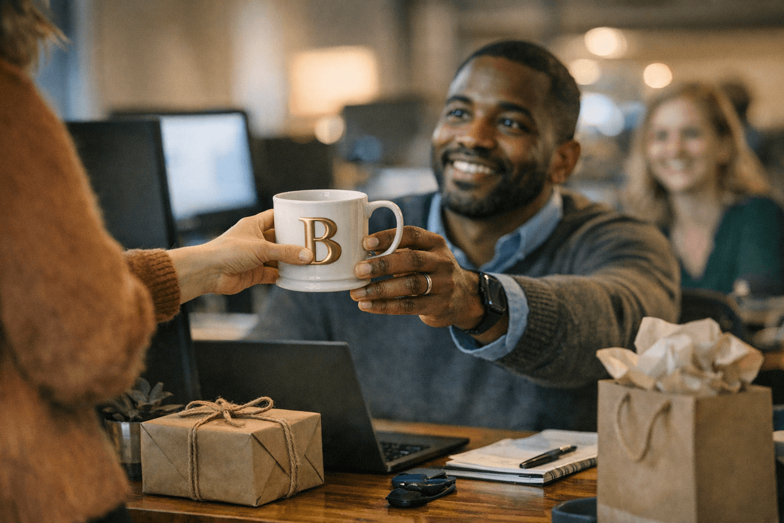 Monogram mugs and budget-friendly gifts for coworkers back in office