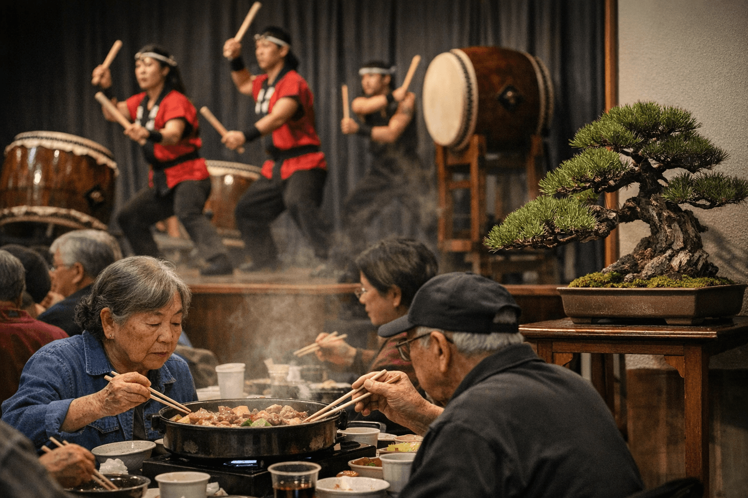 Yakima Buddhist Church dinner pairs sukiyaki, taiko, bonsai display