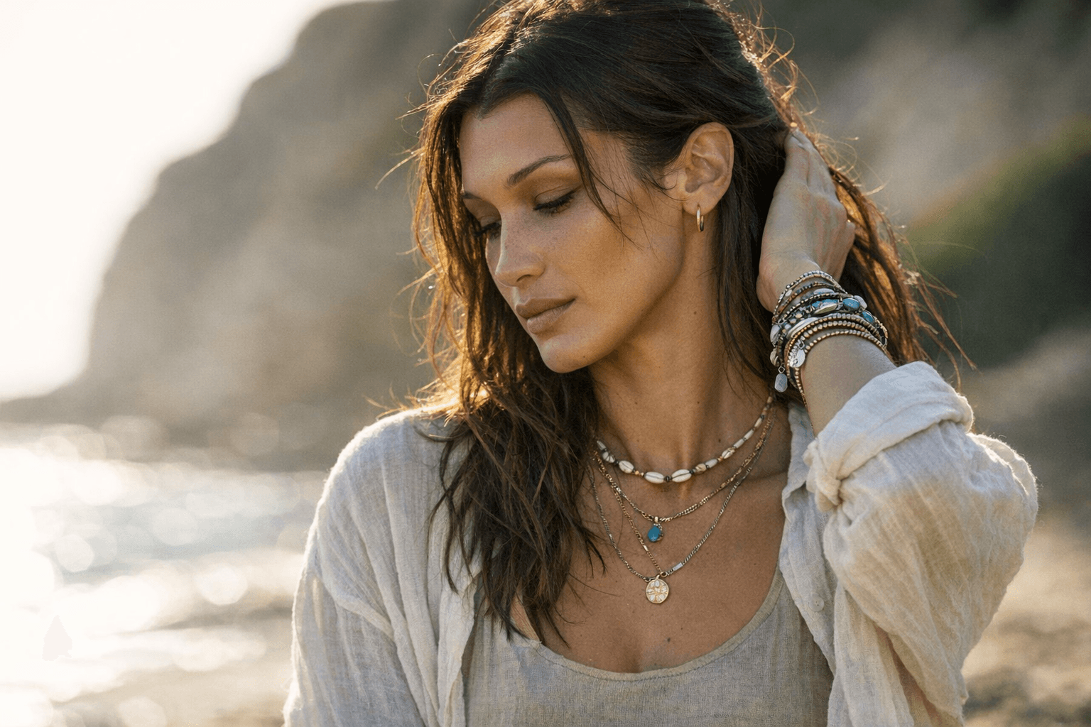 Bella Hadid shows how light layering keeps boho jewelry polished