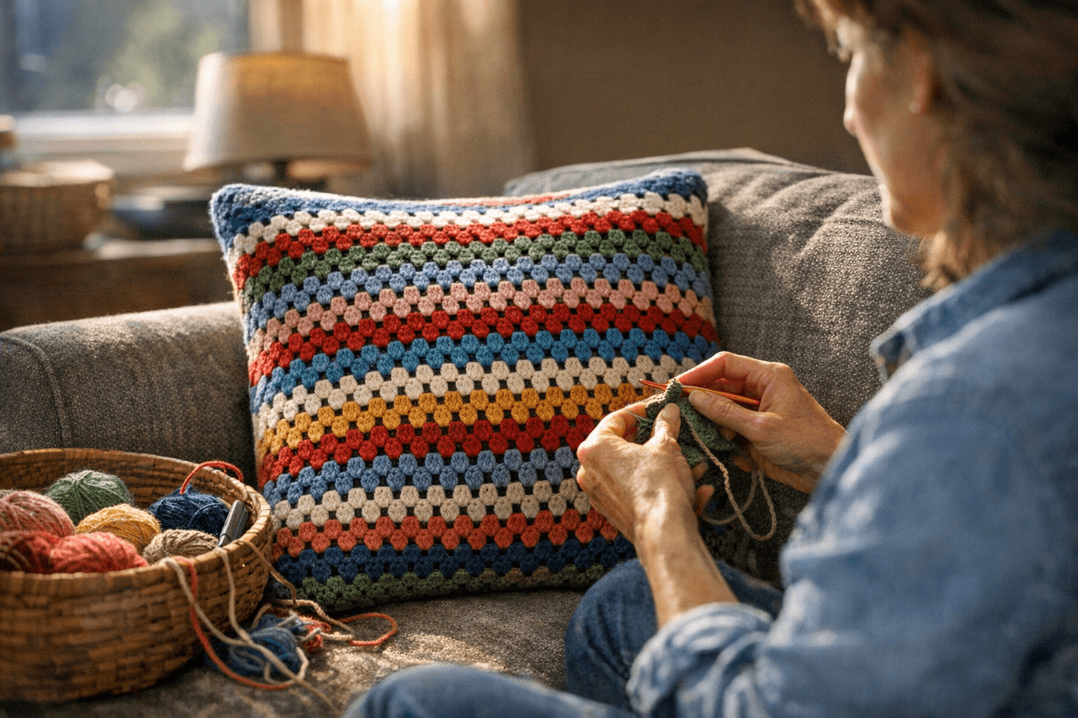 Easy Striped Granny Square Cushion Cover Builds Skills and Uses Scrap Yarn