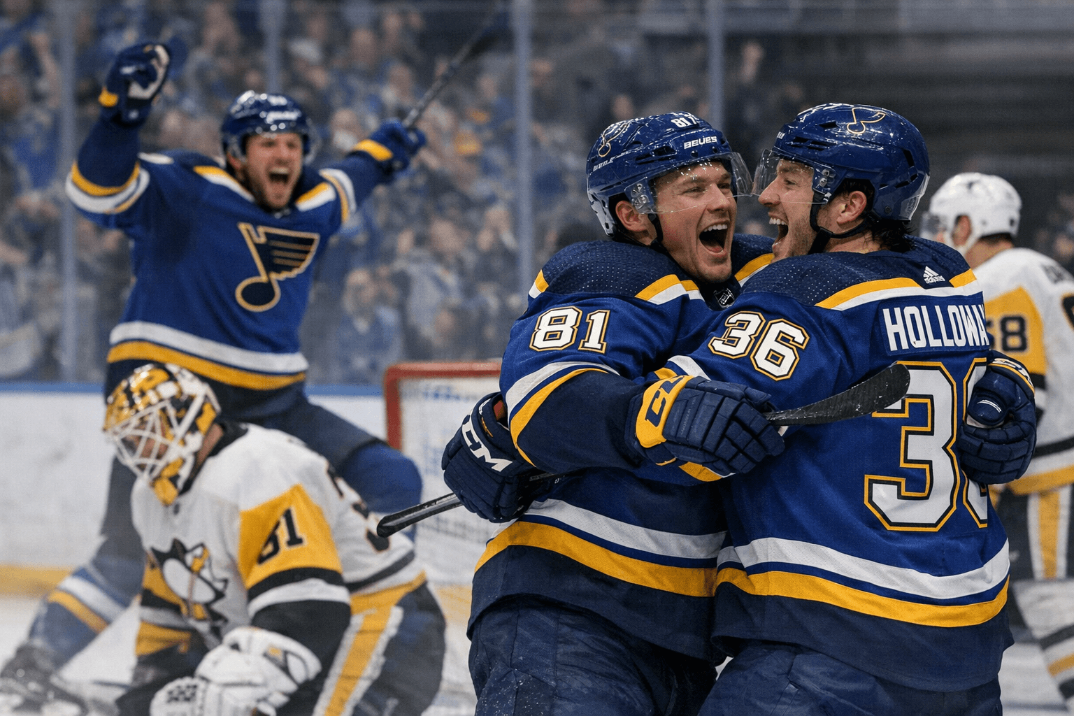 Blues rally from three-goal hole, stun Penguins 7-5 in finale