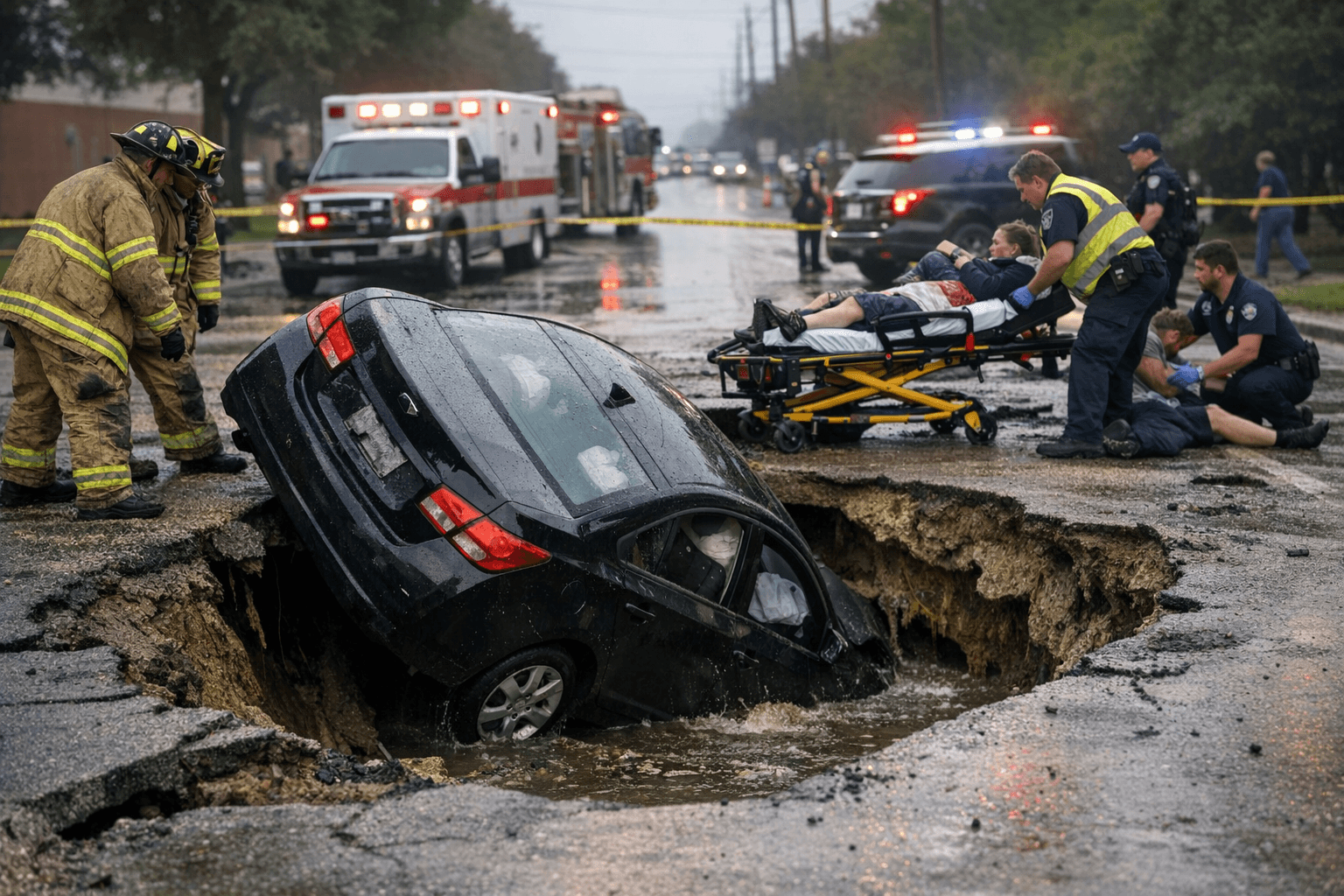 Sinkhole swallows car on Veterans Memorial Drive, injures two in northwest Harris County