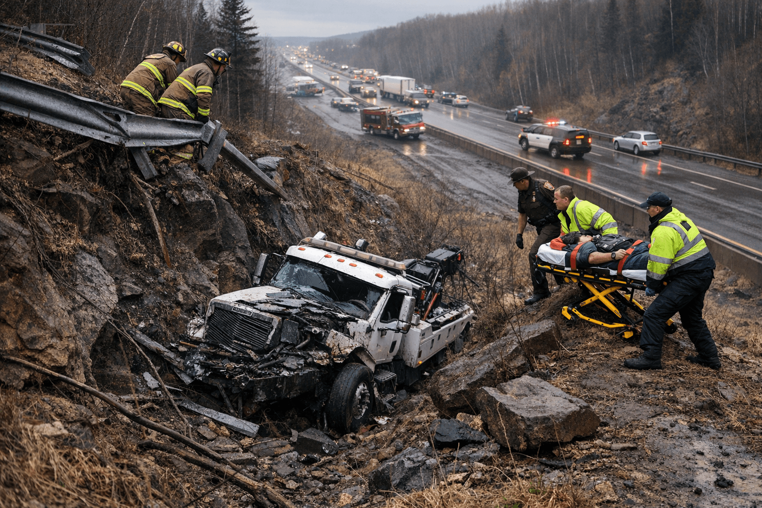 Tow truck crashes off I-35 near Duluth, driver hospitalized