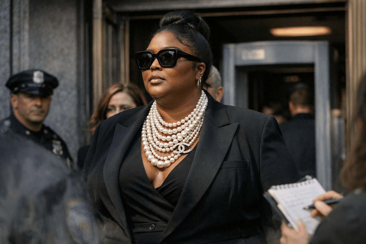 Lizzo turns jury duty into fashion statement with layered pearl necklace