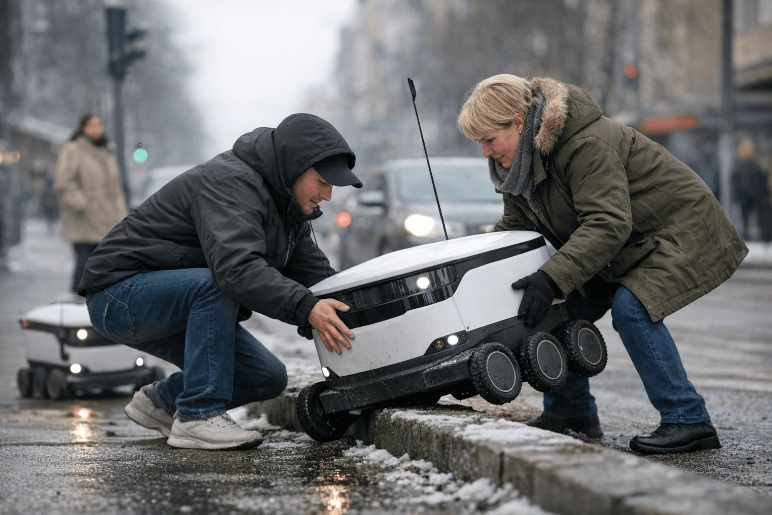 Helpful humans rescue food delivery robots struggling over Turku curb