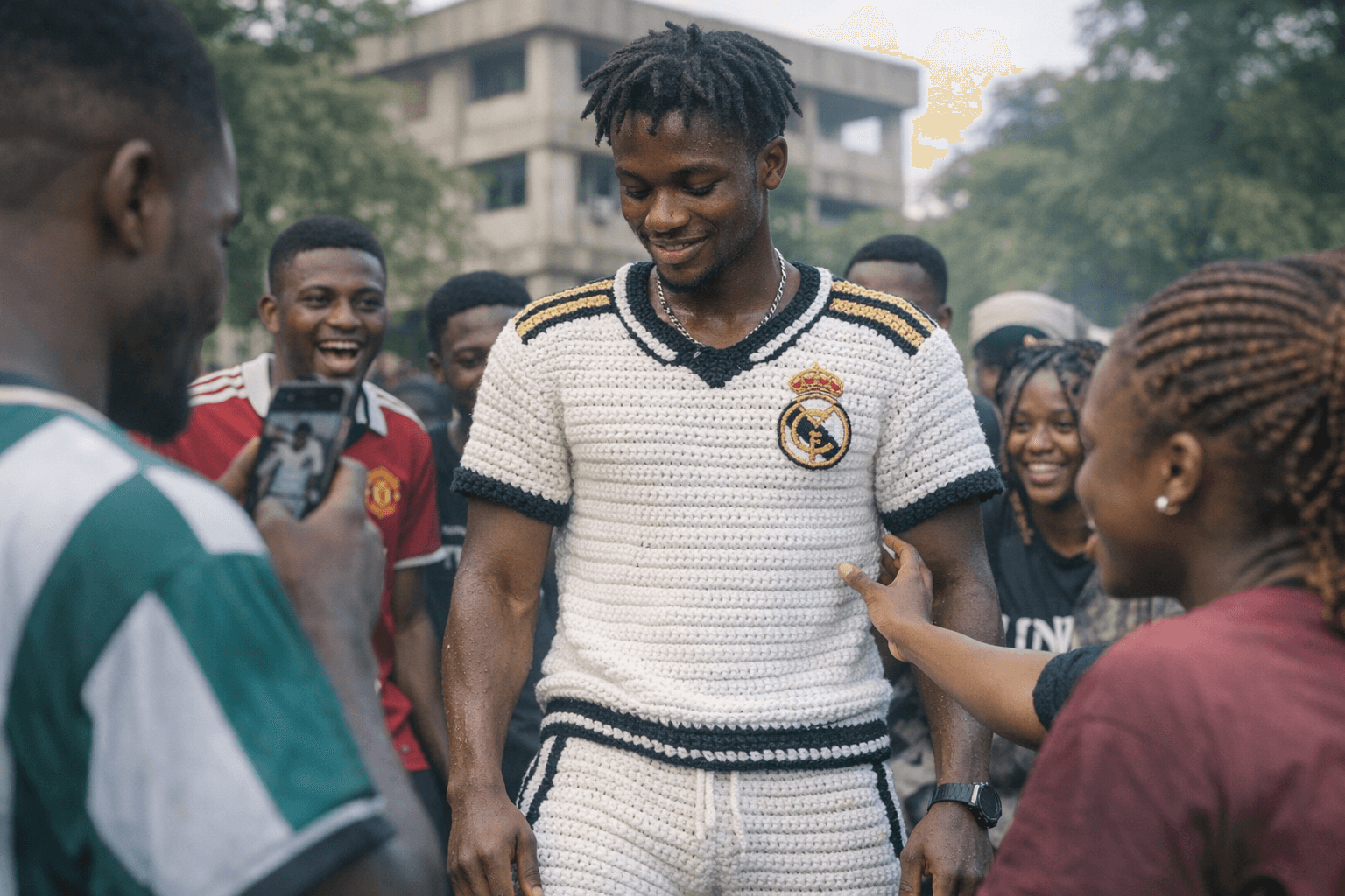 FUNAAB student stuns campus with crocheted Real Madrid jersey for Jersey Day