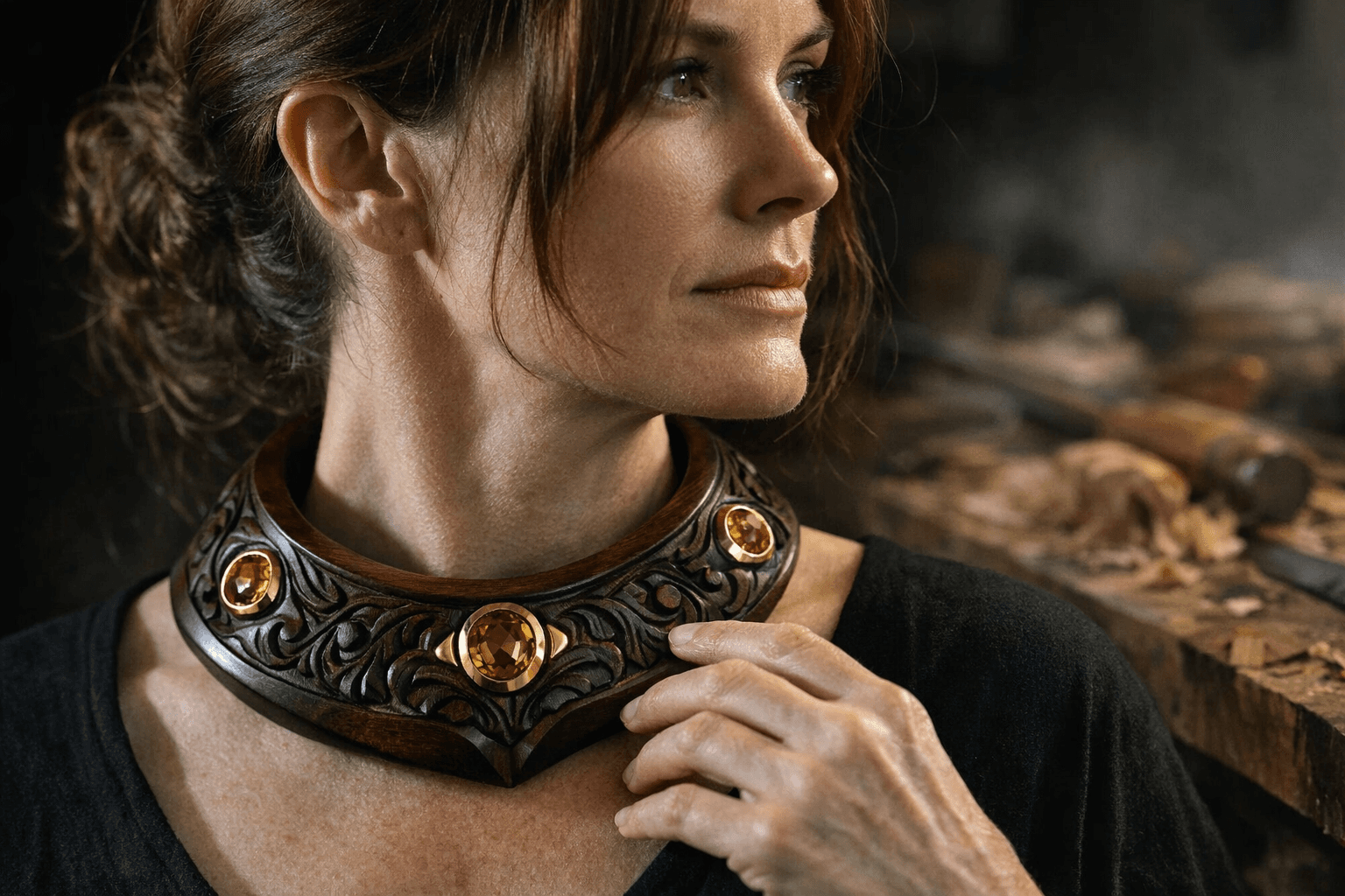 Jen Proudman’s carved wood collar shows alternative materials are here to stay