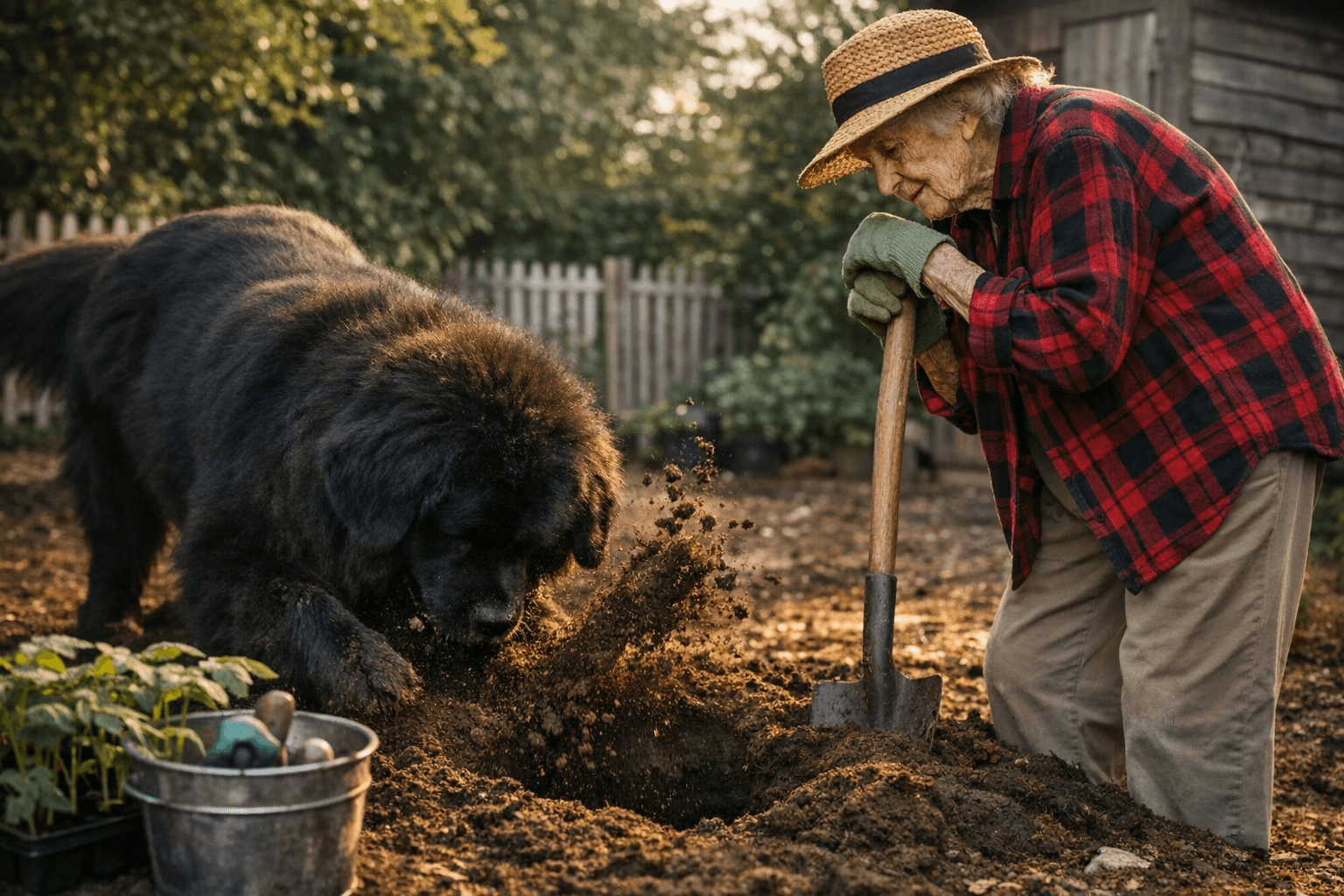 Newfoundland Dog Helps 96-Year-Old Neighbor Dig Garden Holes