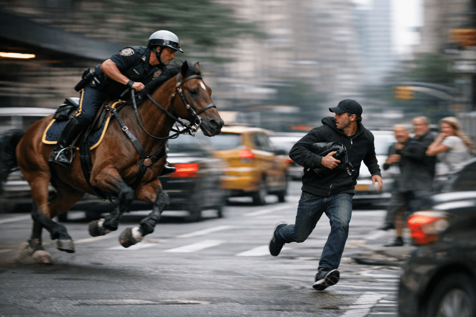 Mounted NYPD officer on horseback chases purse thief through Manhattan