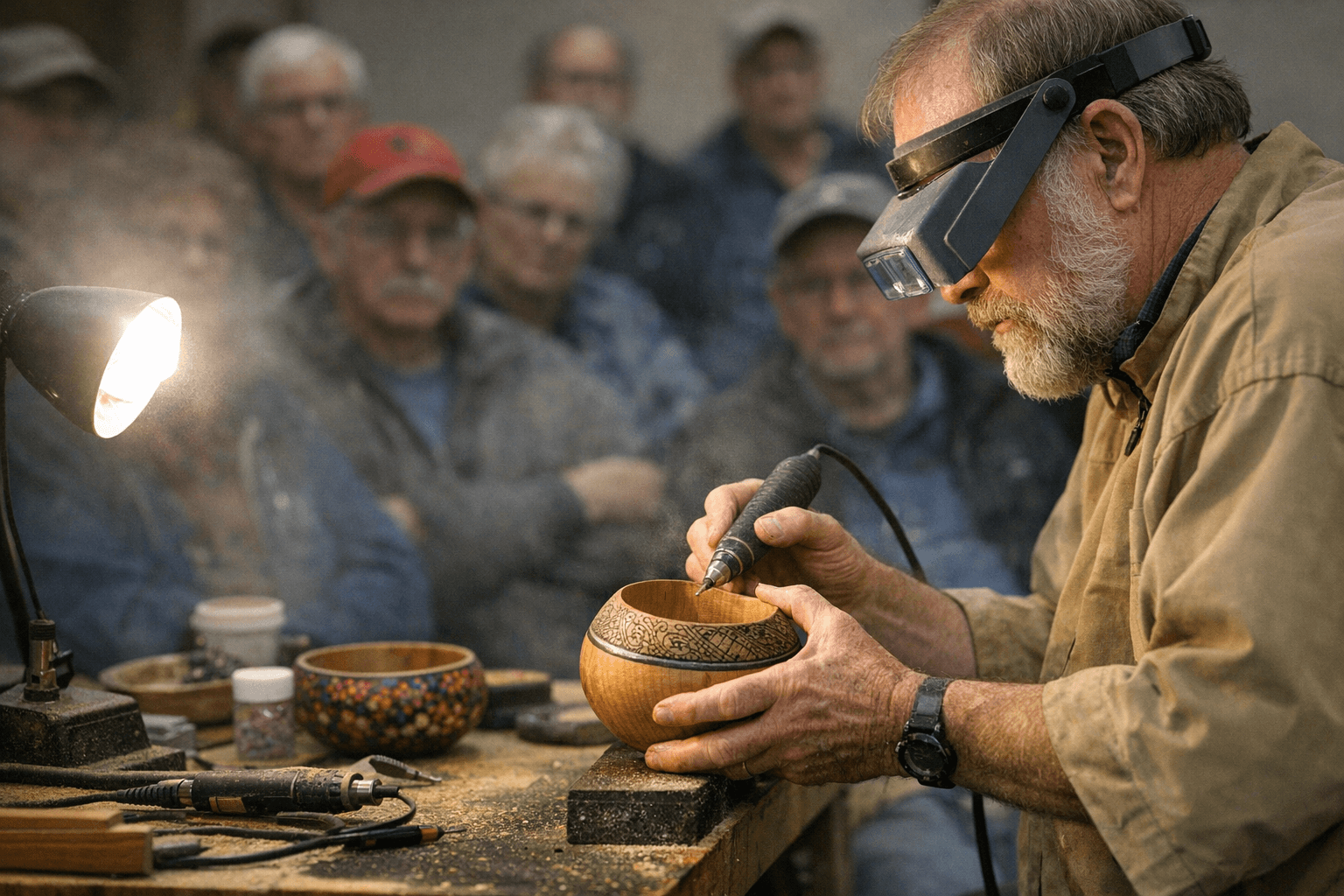 Hub City Turners draw crowd for bowl embellishments demo by Richard Pratchler