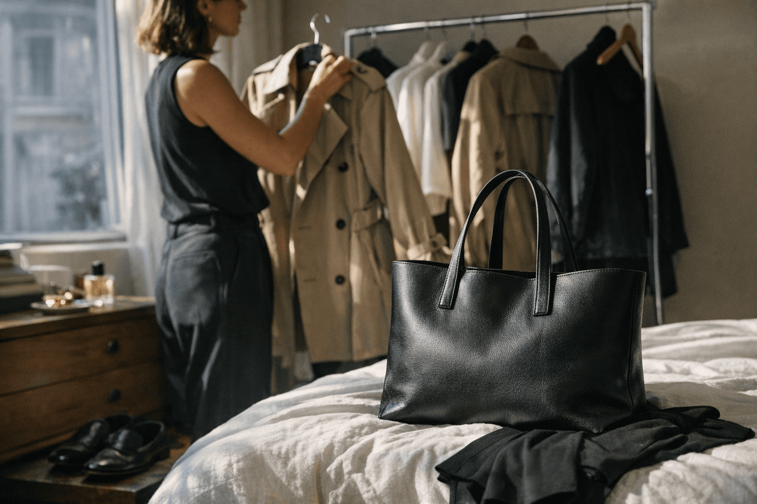 A Shopping Editor’s Capsule Wardrobe, Toteme Trench, Cuyana Tote, Work Pants