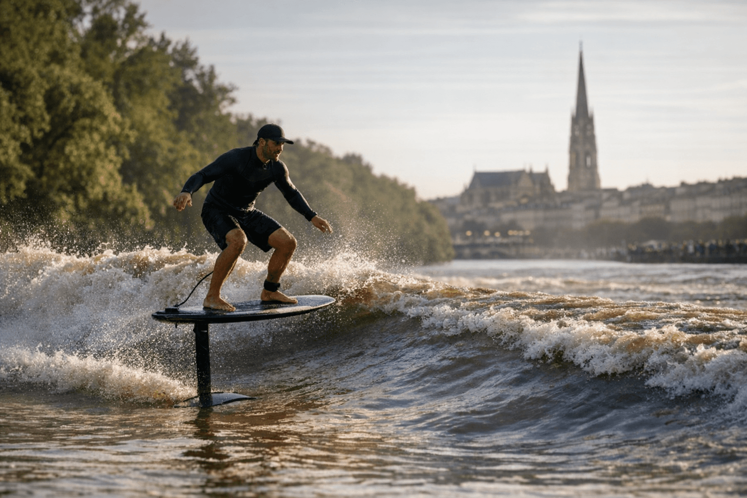 Adam Bennetts rides Bordeaux’s tidal bore on foil for endless glide