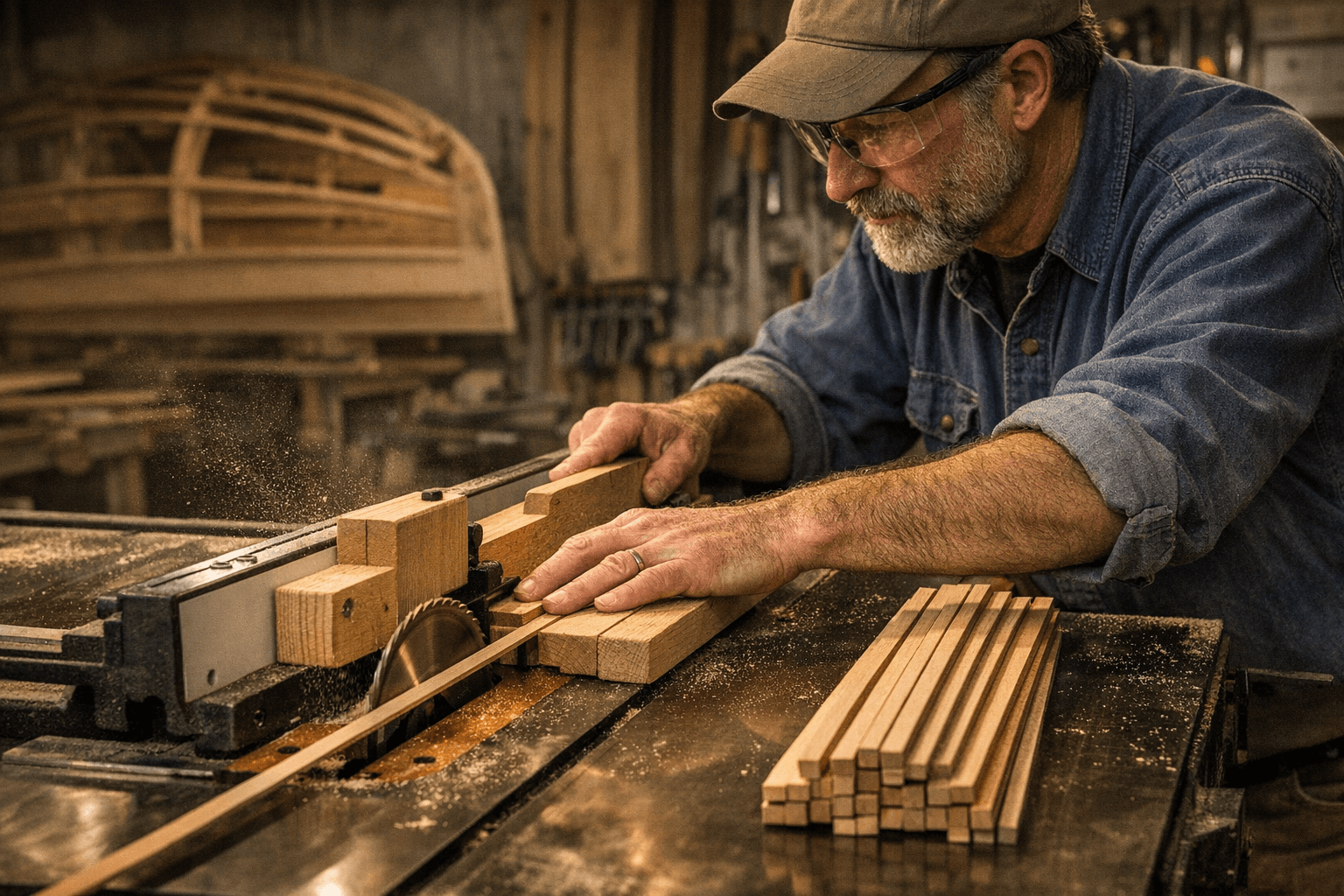 Table Saw Jig Makes Consistent Laminating Strips for Boatbuilding
