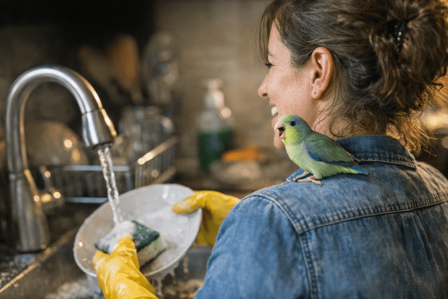 Tiny Parrotlet Turns Dishwashing Into a Cheerful Kitchen Pep Rally