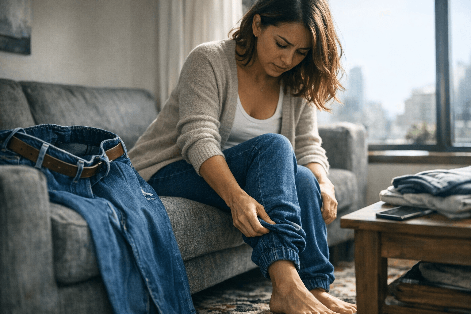 Petite-Friendly Sweatpant Jeans Solve Bunching, Gaps, and Fit Frustrations