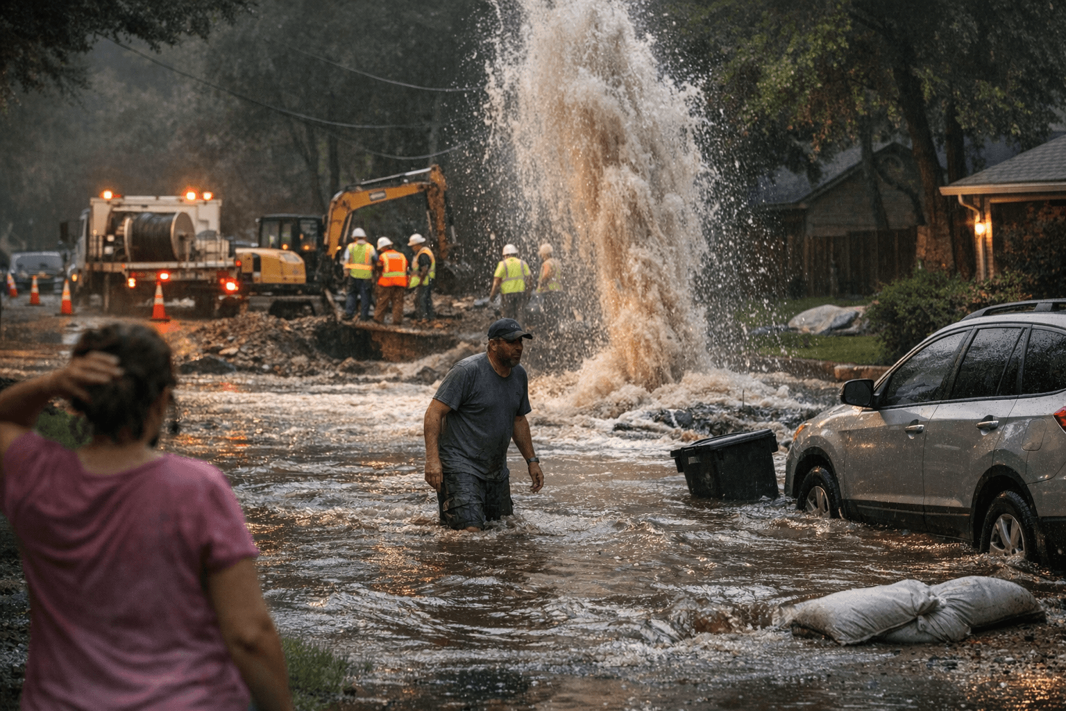 Fiber optic work breaks water line, floods Hidden Oaks neighborhood