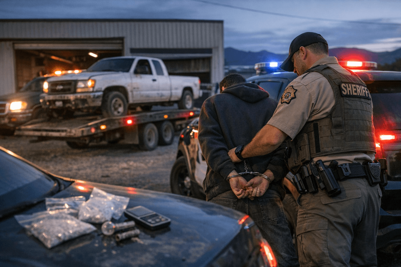 Stolen body shop vehicle leads to grand larceny, drug allegations in Nye County