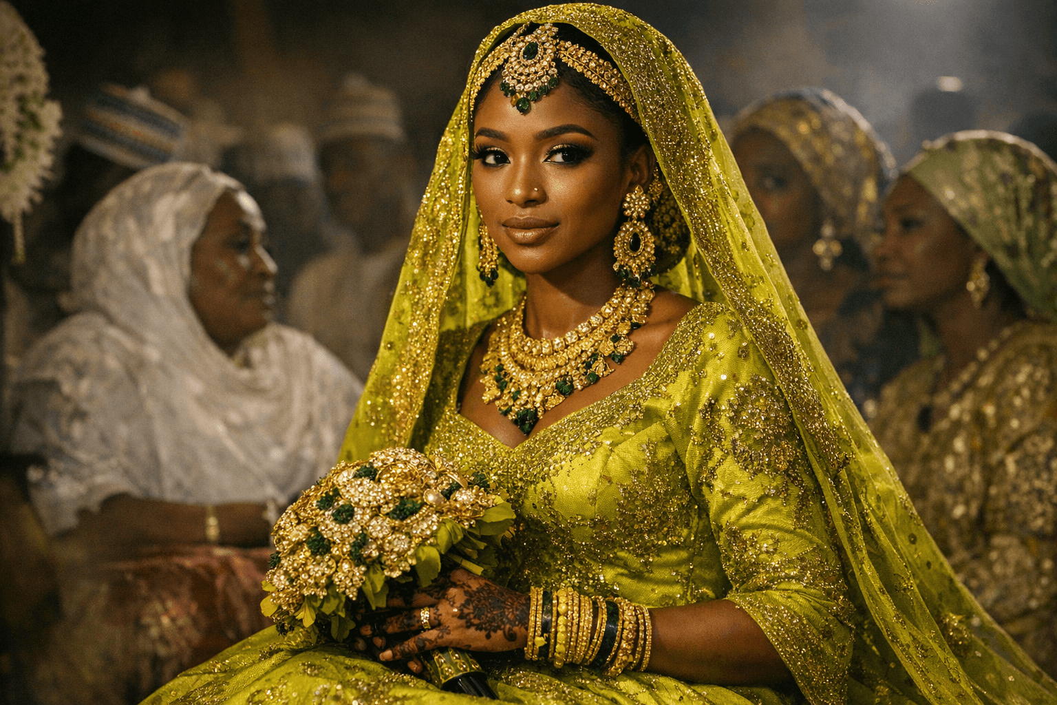 Bold Yellow-Green Northern Bridal Look Brings Arewa Elegance to Ceremony