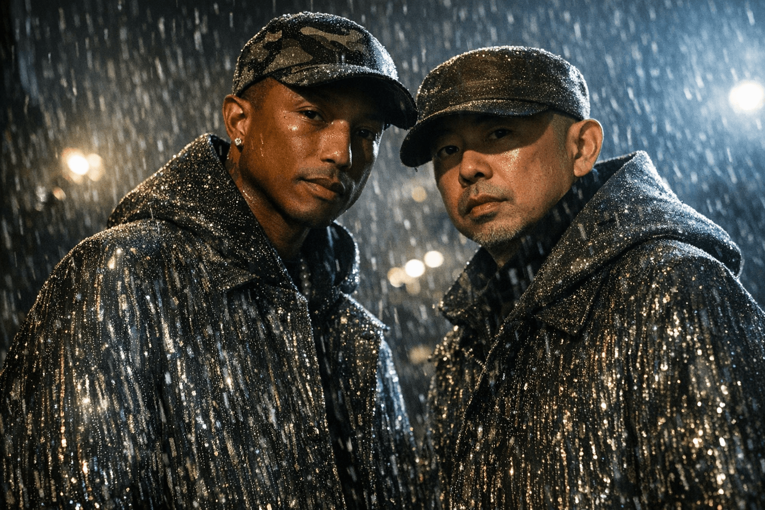 Pharrell and Nigo’s Louis Vuitton coats shimmer with rainstorm illusion