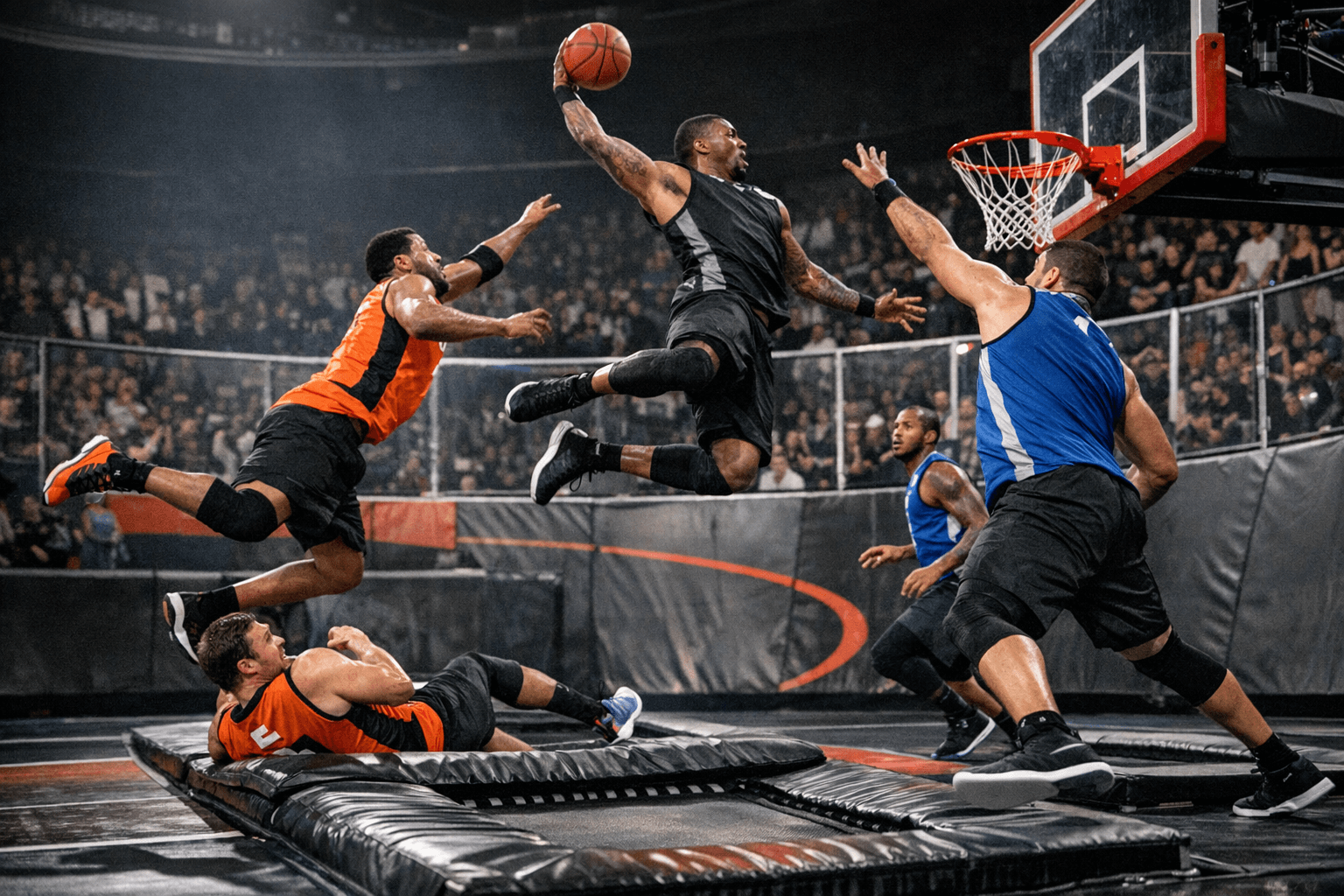 SlamBall rules reveal springbeds, four-point arc, and fast-paced chaos