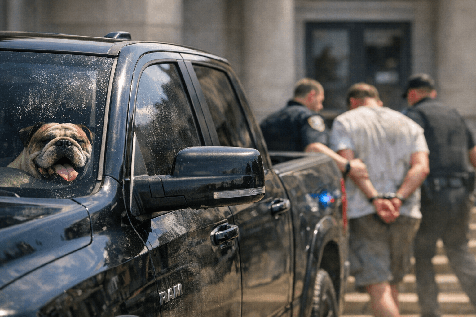 Man arrested after bulldog found trapped in hot car outside courthouse