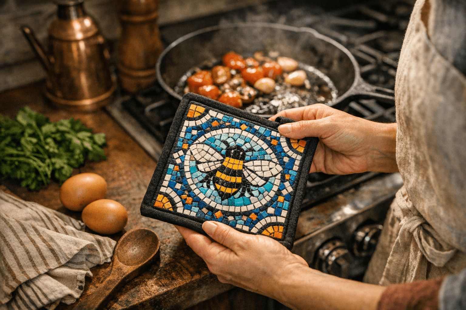 Tunisian Mosaic Bee Potholder Blends Bold Style With Kitchen Function