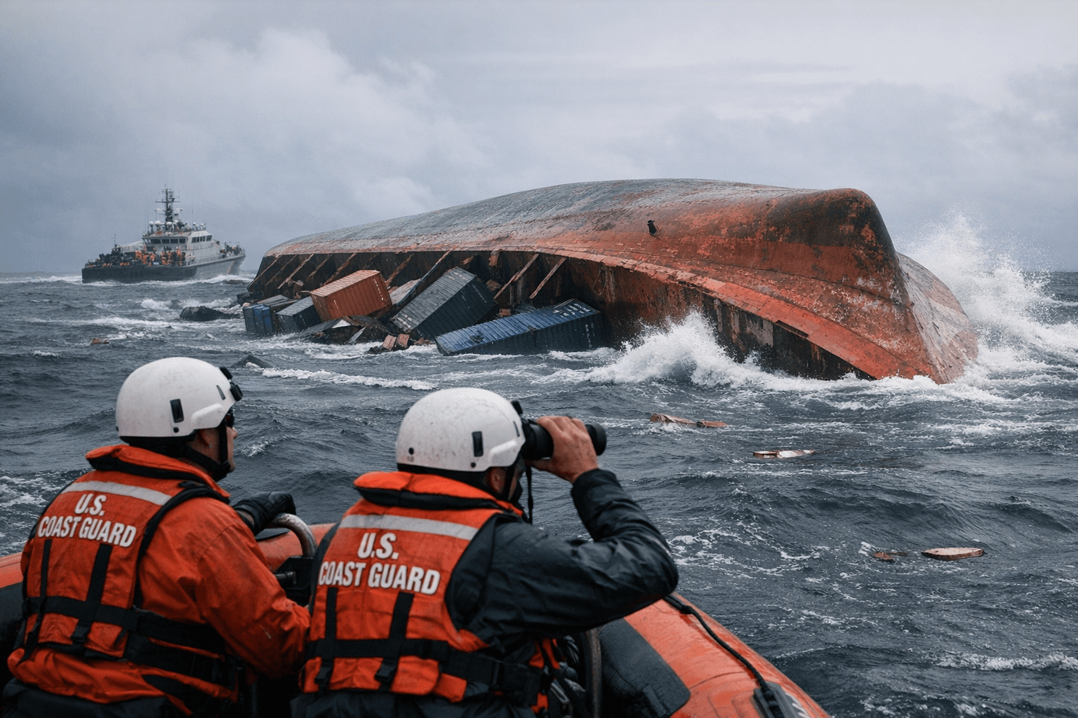 Coast Guard finds overturned cargo ship after typhoon, six missing
