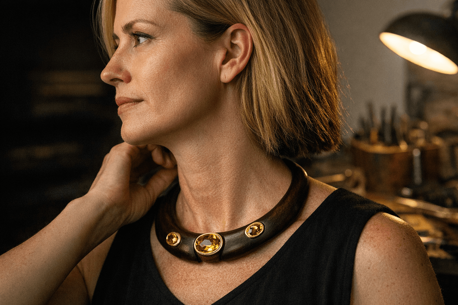 Jen Proudman’s wood collar necklace pairs 14k gold with citrine