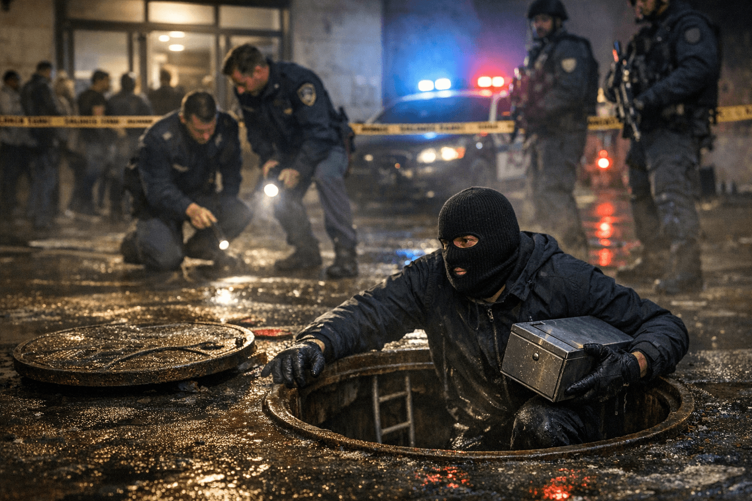 Manhunt underway after masked bandits rob Naples bank, escape through sewers