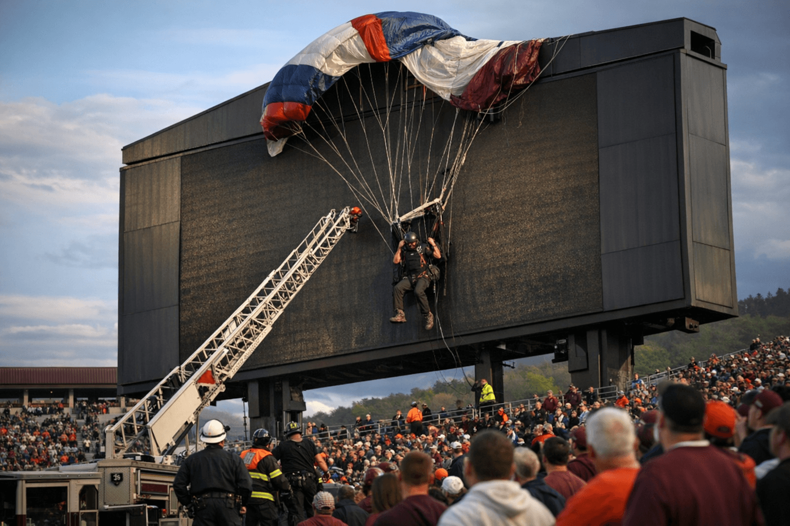 Skydiver crashes into scoreboard, delays Virginia Tech spring football game