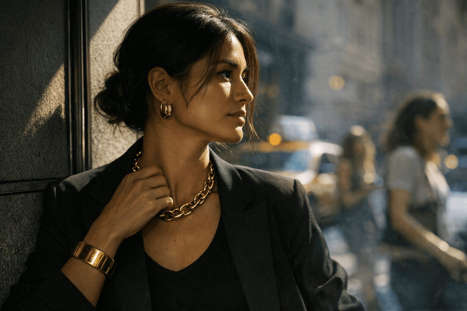 Bold gold jewelry becomes the hero piece in everyday dressing