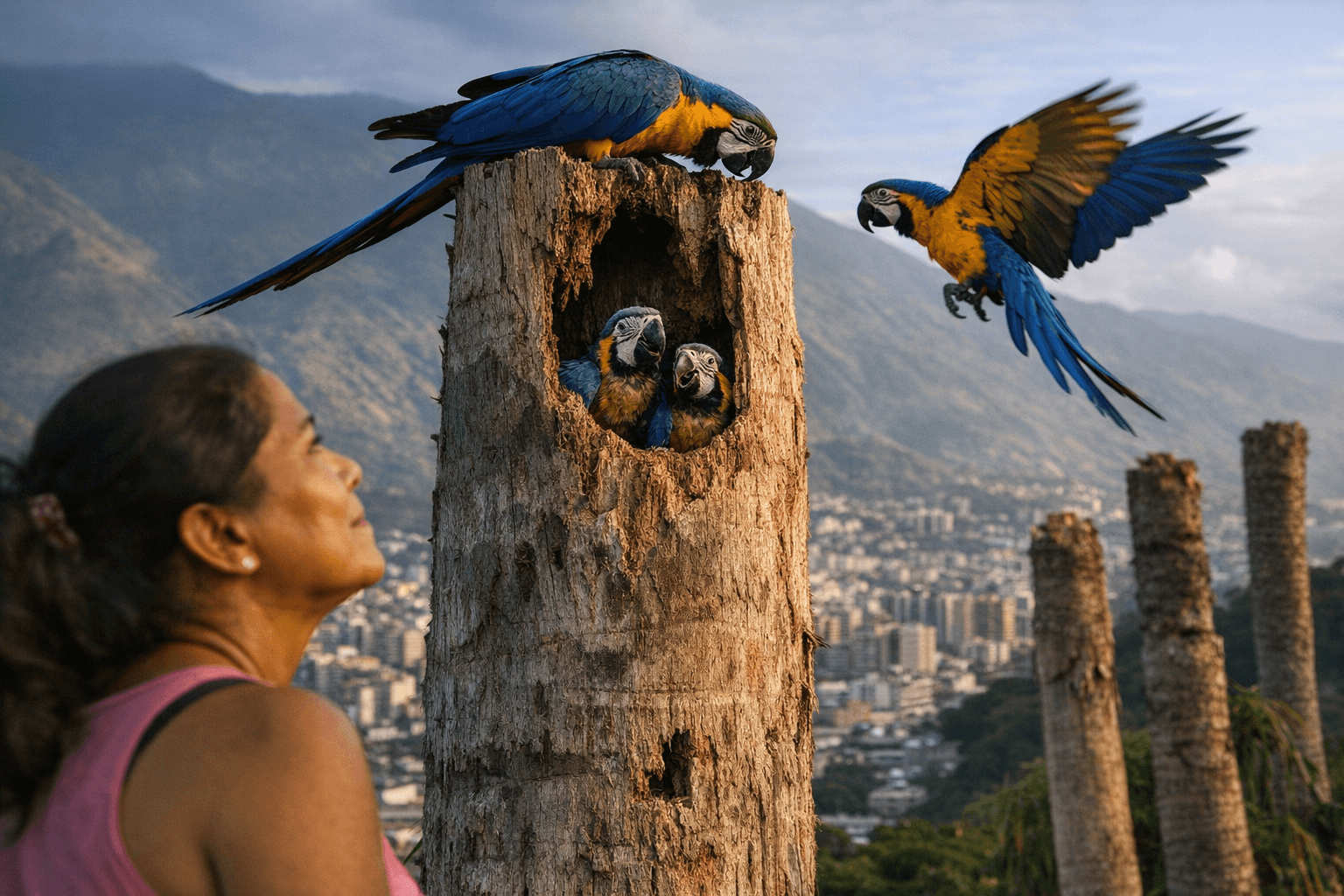 Caracas macaws delight residents, while palm removal threatens nesting sites