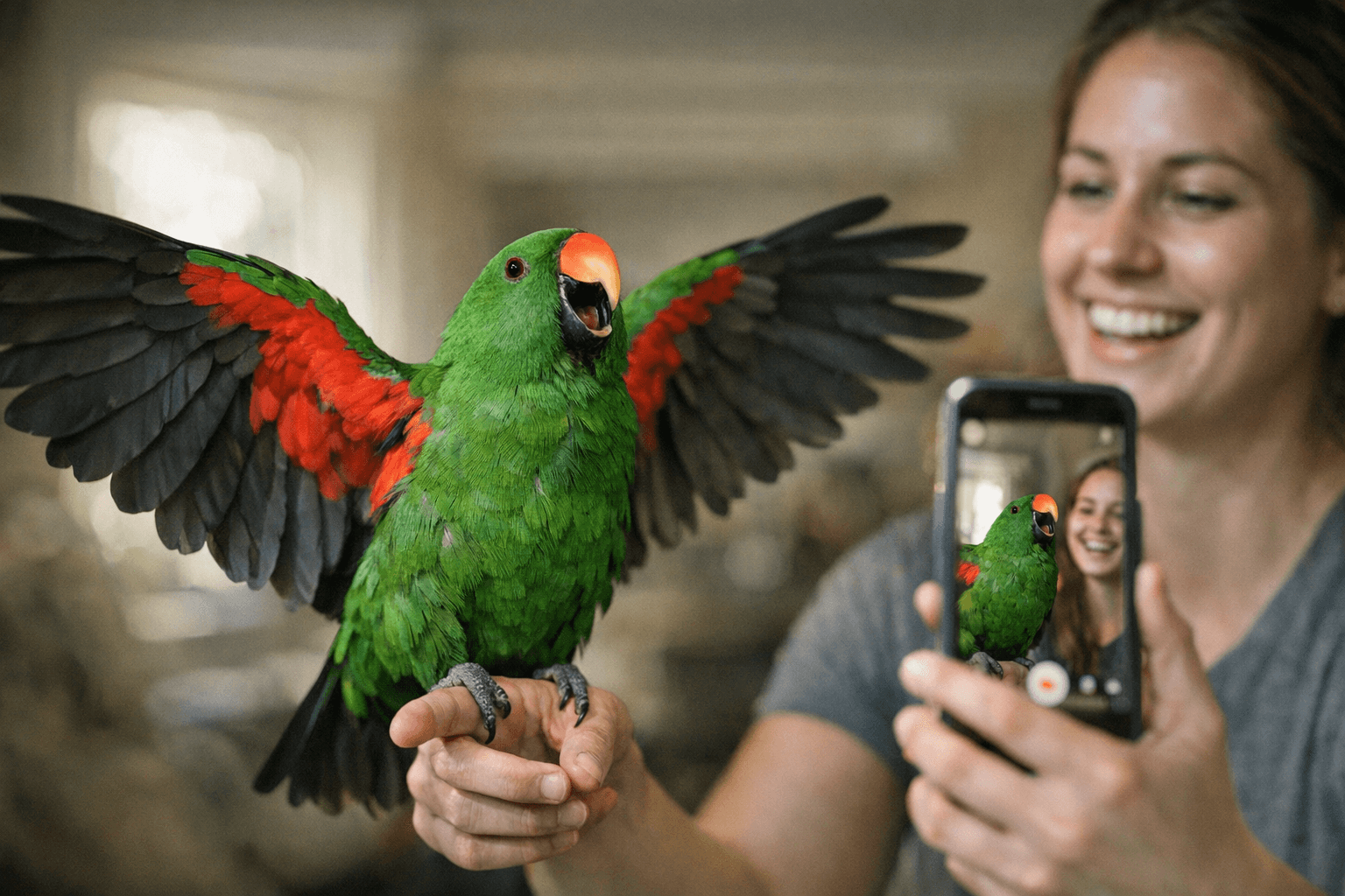 TikTok Loves Gideon the Eclectus Parrot’s Singing and Playful Phrases