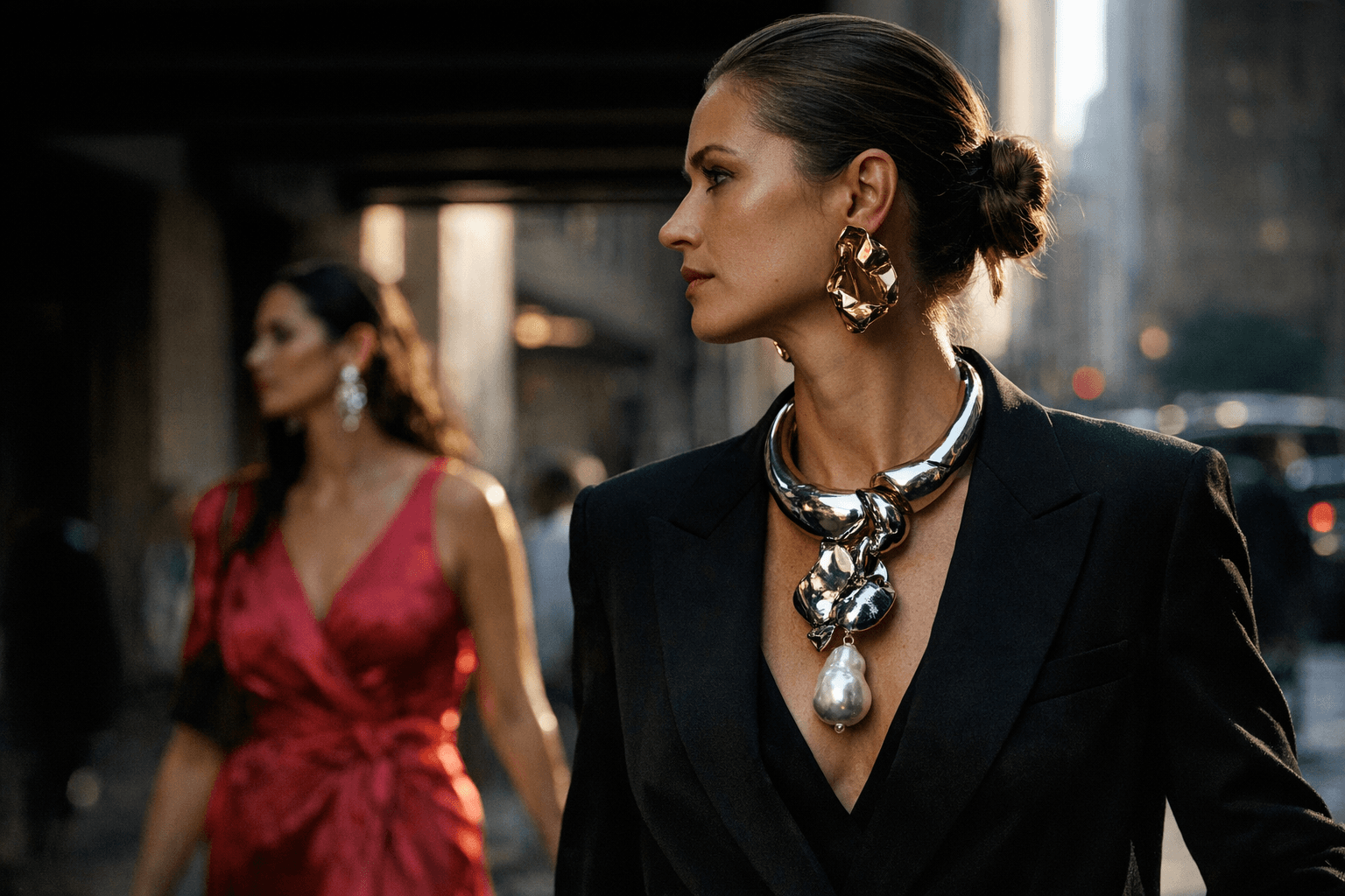 Statement jewelry takes center stage as the outfit’s new hero