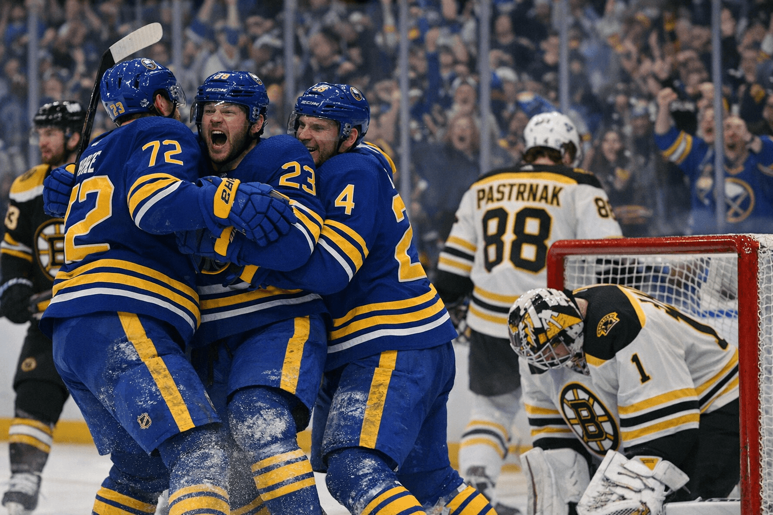 Sabres storm back with four late goals to stun Bruins in Game 1