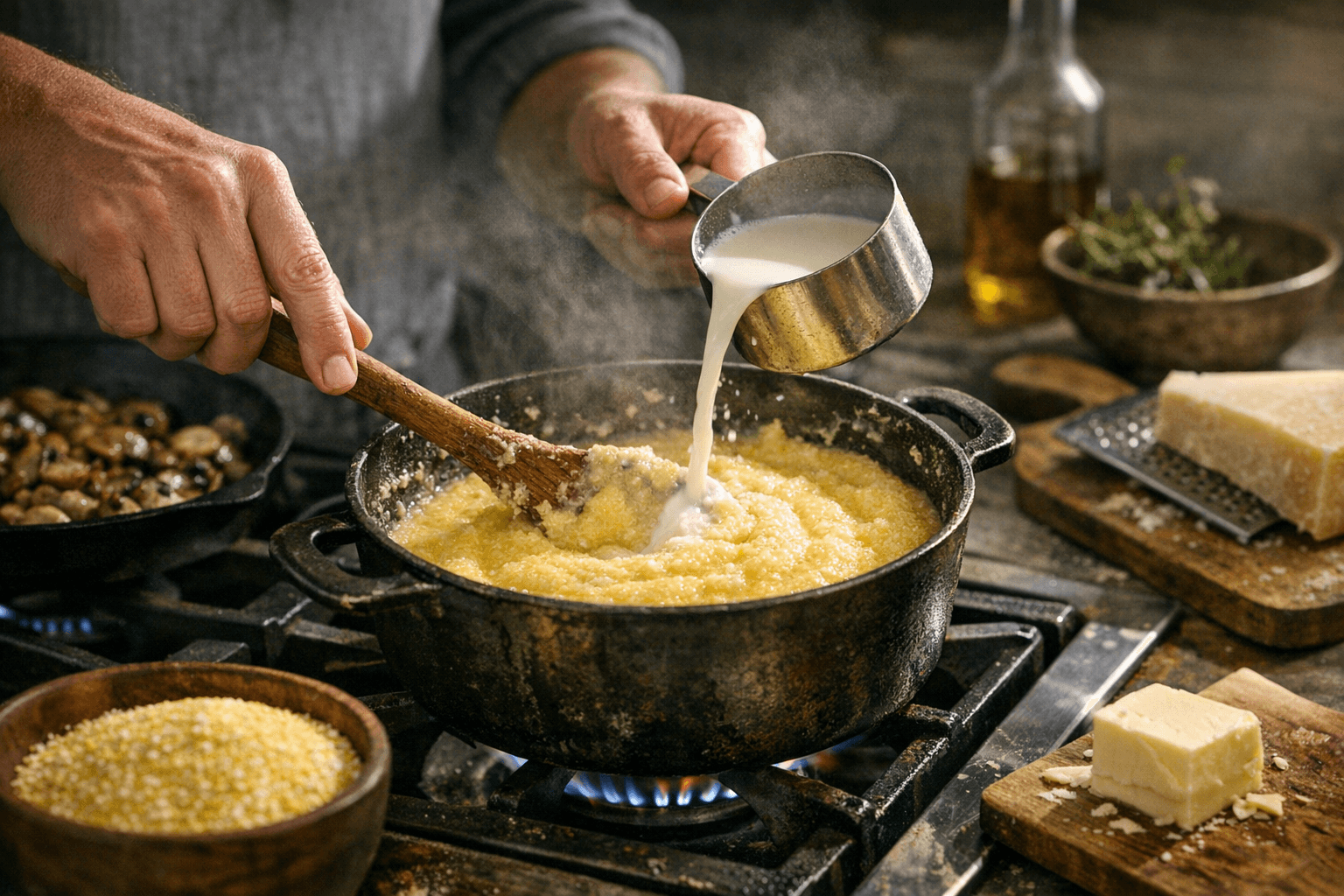 פולנטה ביתית: 4 סוגים, יחס נוזלים וטכניקת בחישה