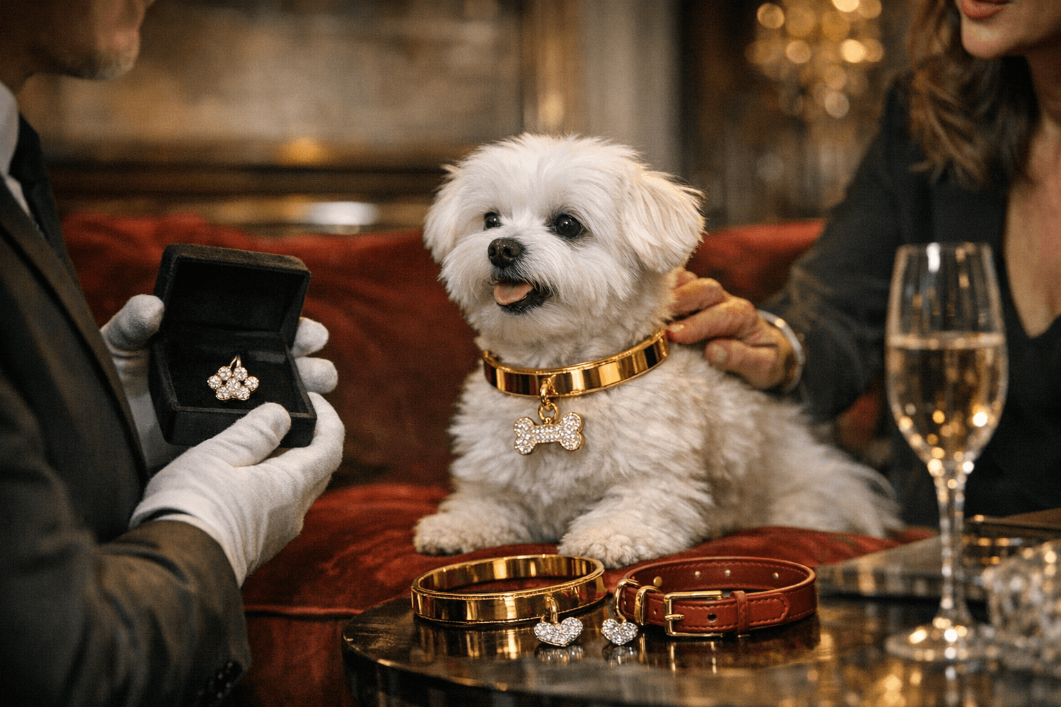 Baccarat Hotel offers custom 18k gold dog collars, diamond charms
