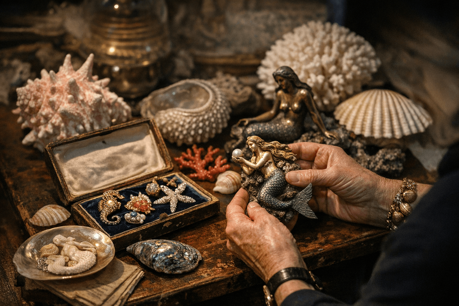 Sea-life motifs resurface, vintage shells, coral, and mermaids draw collector interest