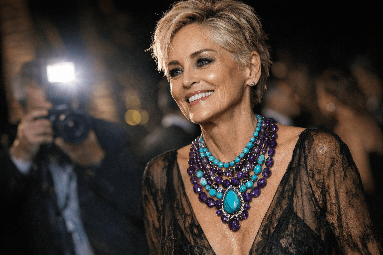 Sharon Stone’s layered gemstone necklace turns LACMA gala look into artful color statement