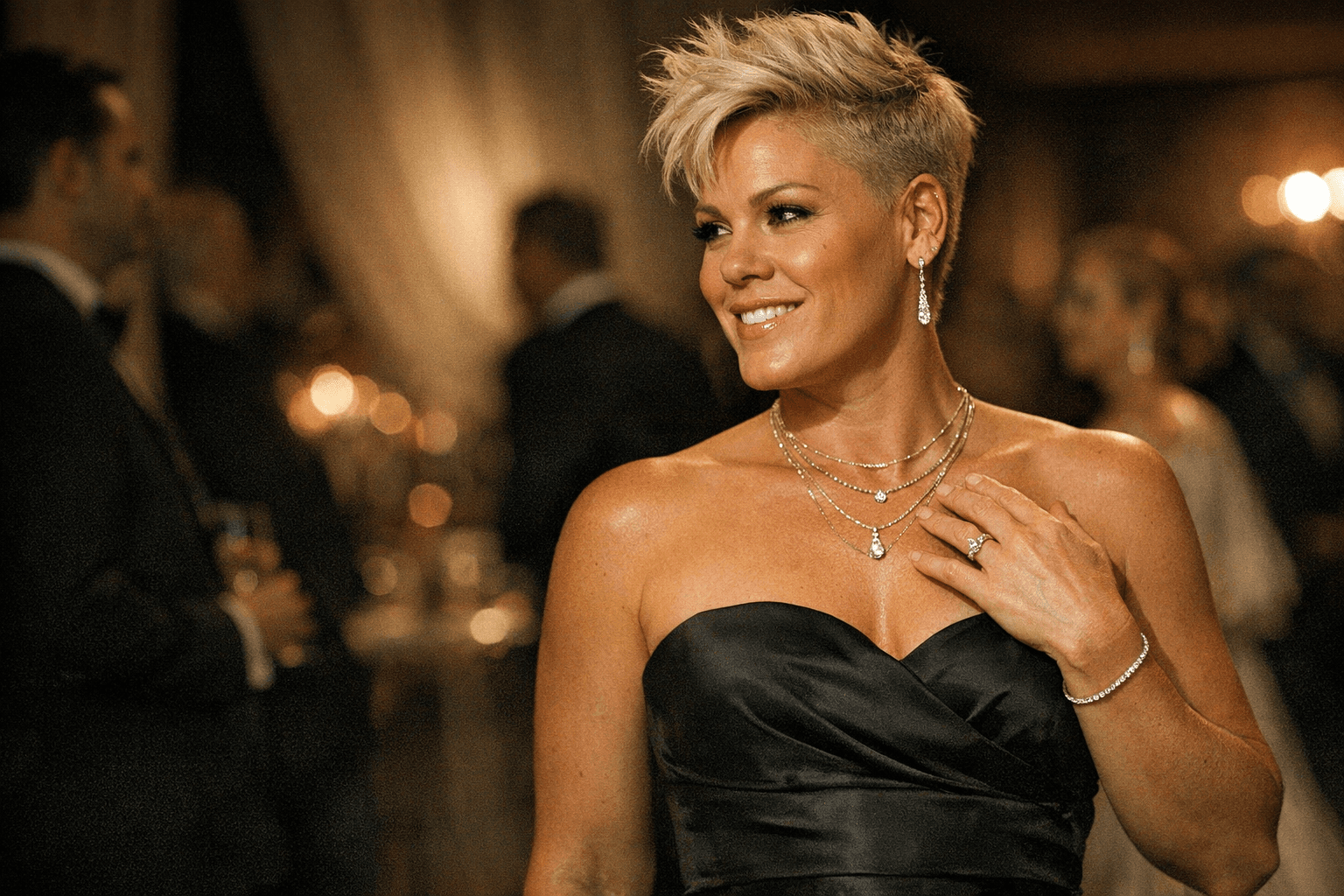 P!NK’s layered jewelry softens strapless gala gown with polished glam