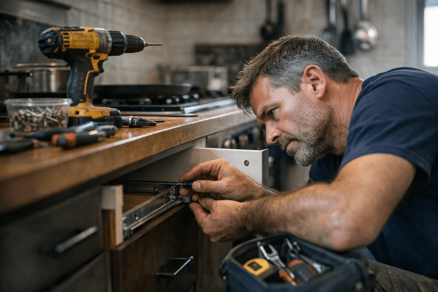 תיקון דלתות ארון ומגירות במטבח: כך מחזירים תנועה חלקה