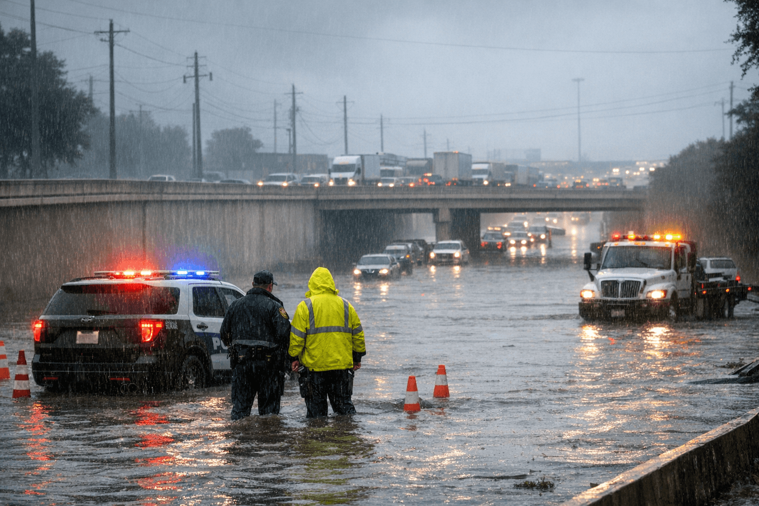 Heavy rain closes East Freeway at McCarty Street in Denver Harbor
