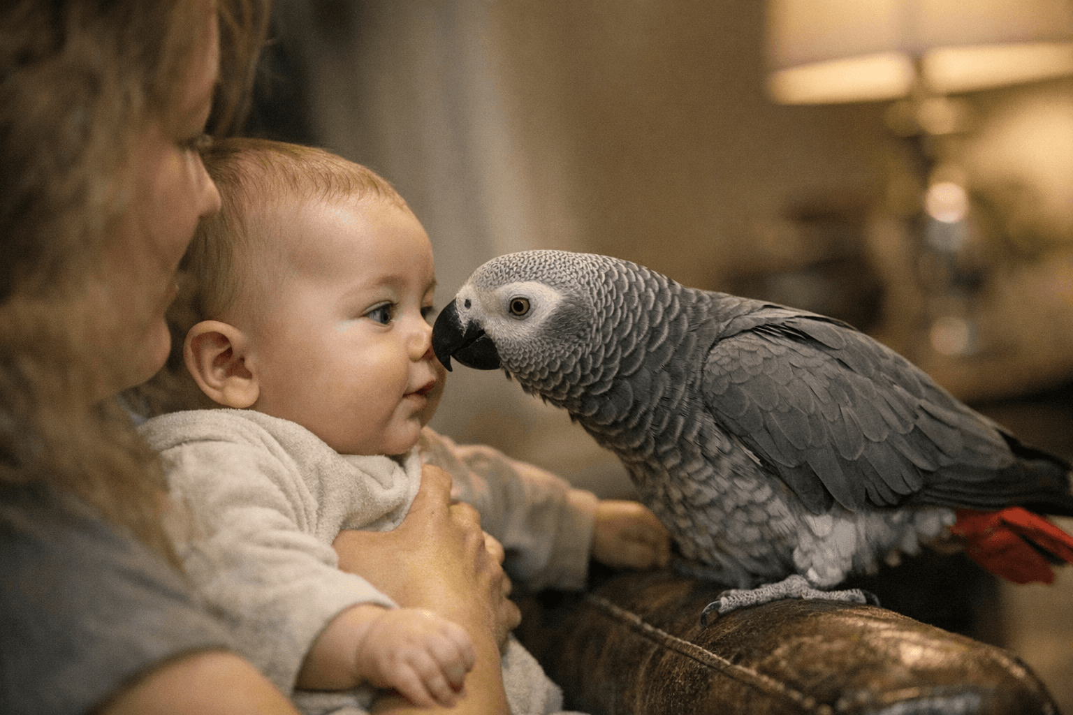 Viral African grey Cosmo greets baby nephew with kisses and chatter