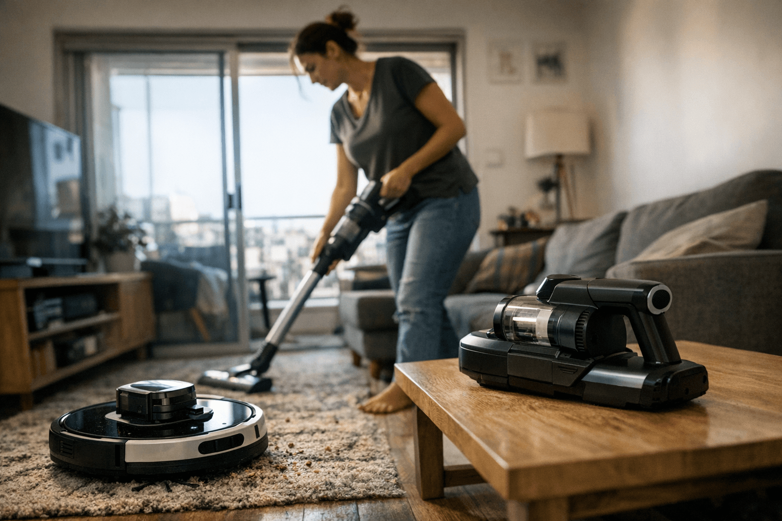 שואב 3 ב-1: רובוט, מוט וידני באותו גוף