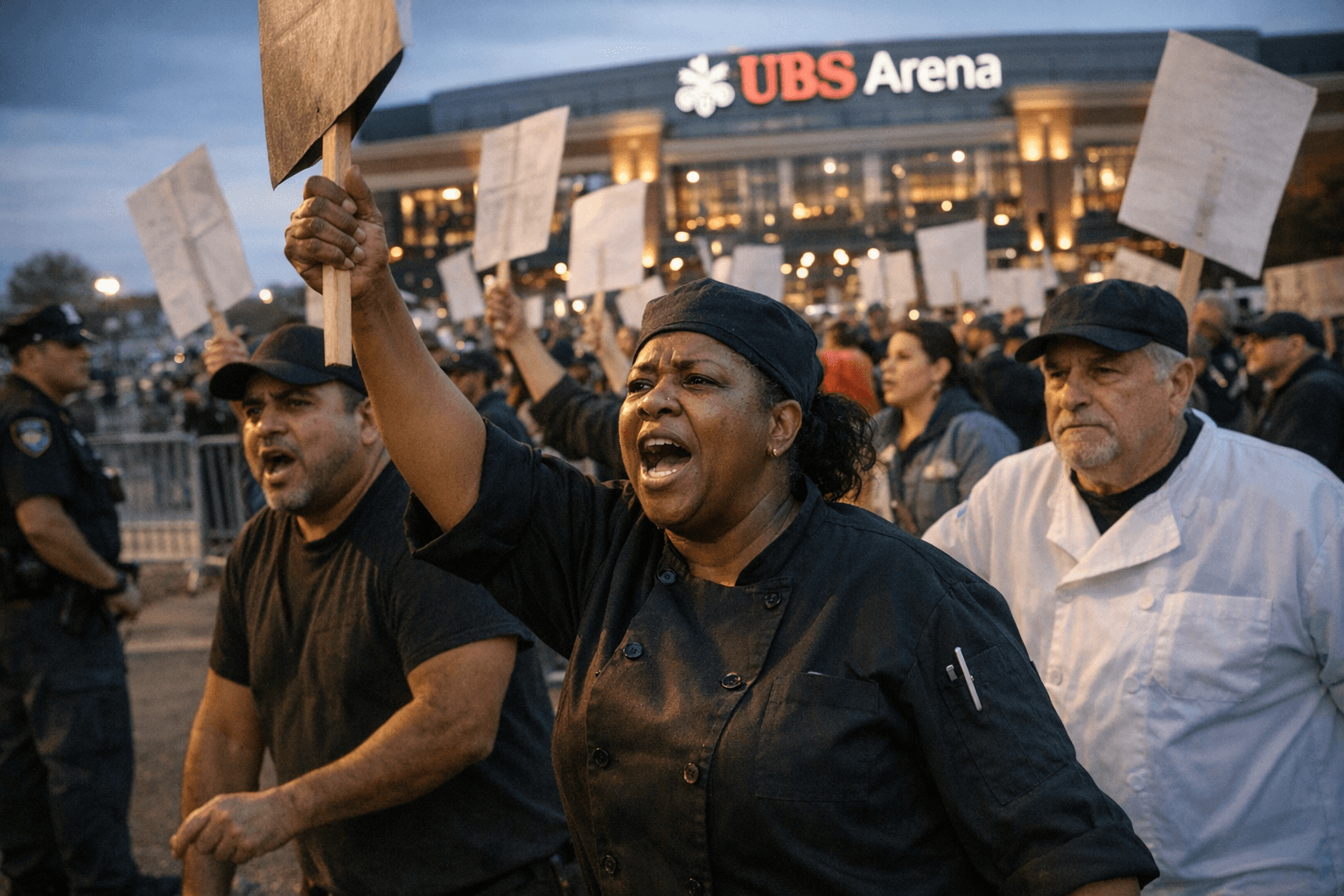 UBS Arena food workers protest for better pay, contract talks resume