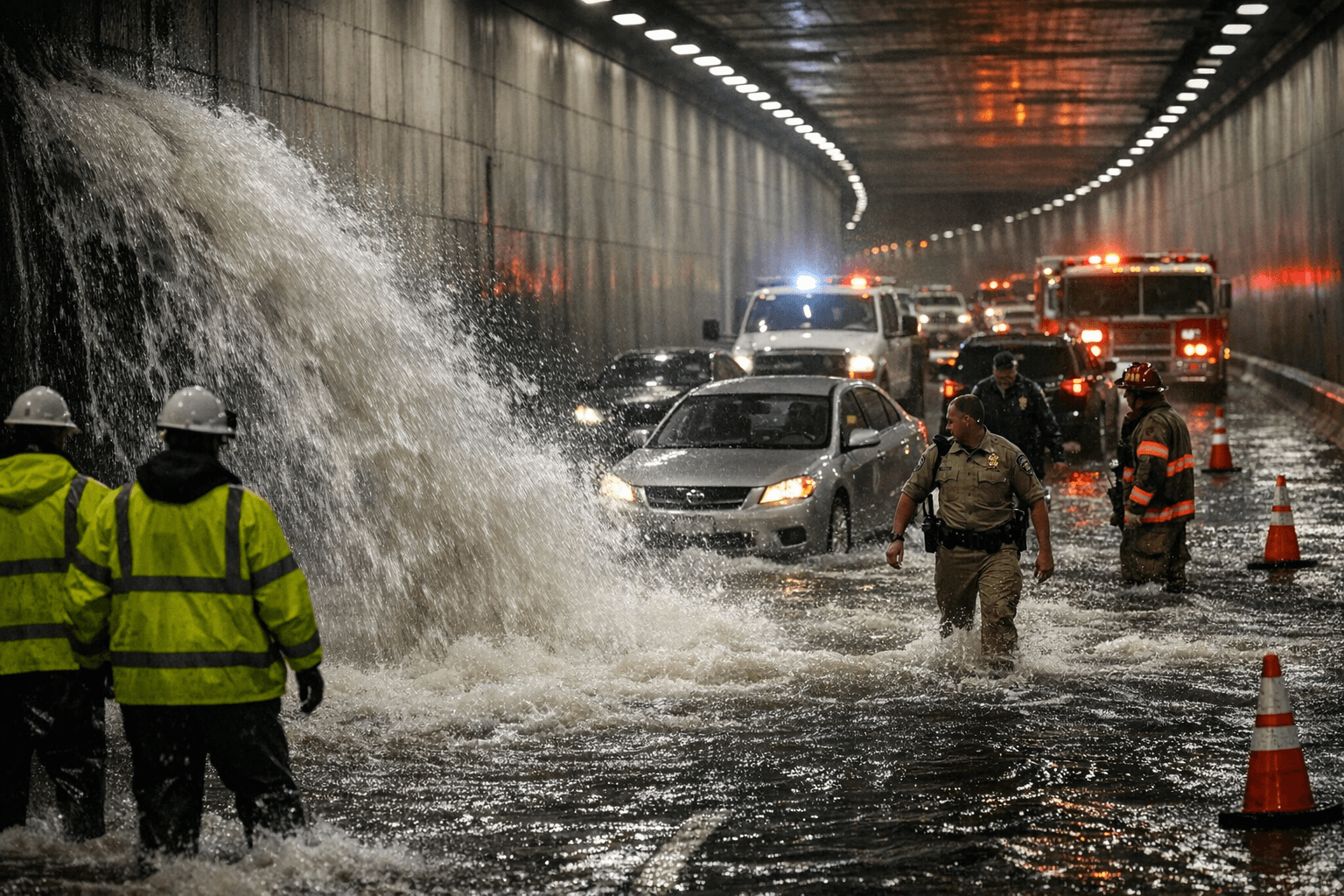 Water main break floods Treasure Island tunnel, closes Bay Bridge lanes