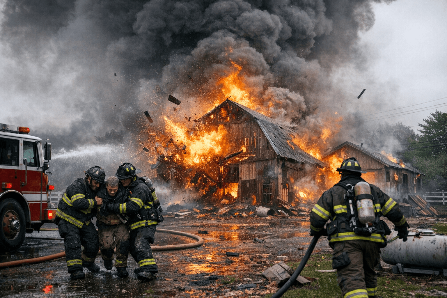Commack barn fire sends black smoke and explosions, injures firefighters